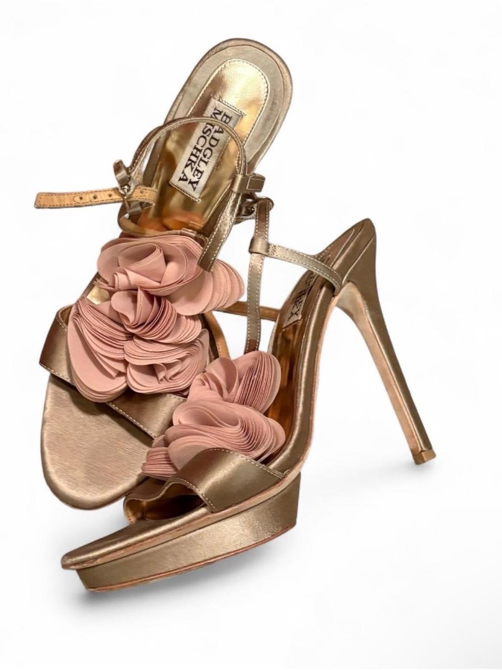 Badgley Mischka Gold Satin Platform Heels with Pink Floral Accents